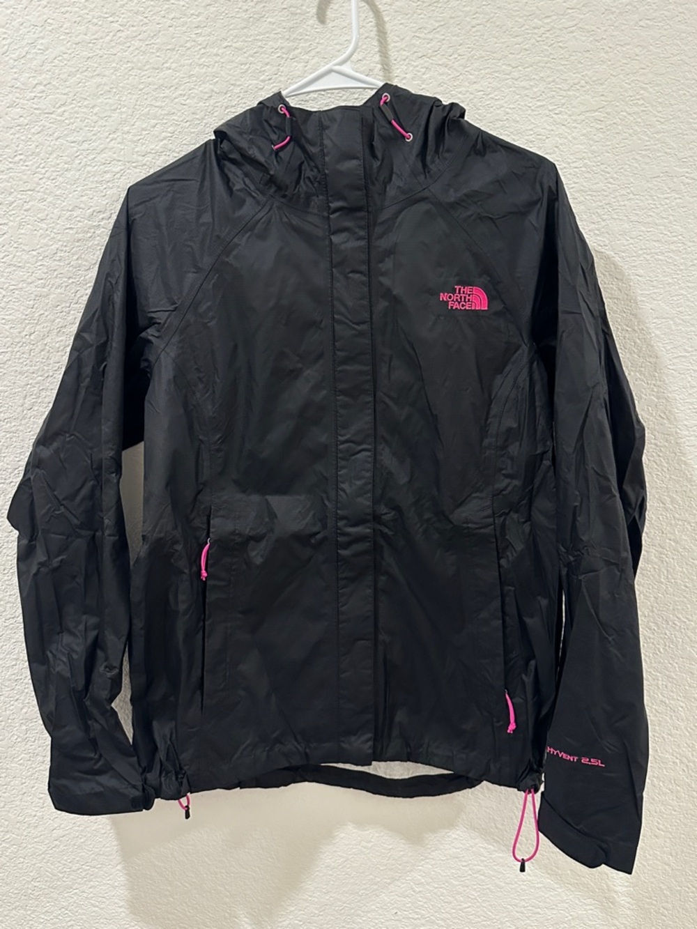 The North Face Women’s Black Hyvent 2.5L Jacket with Pink Accents